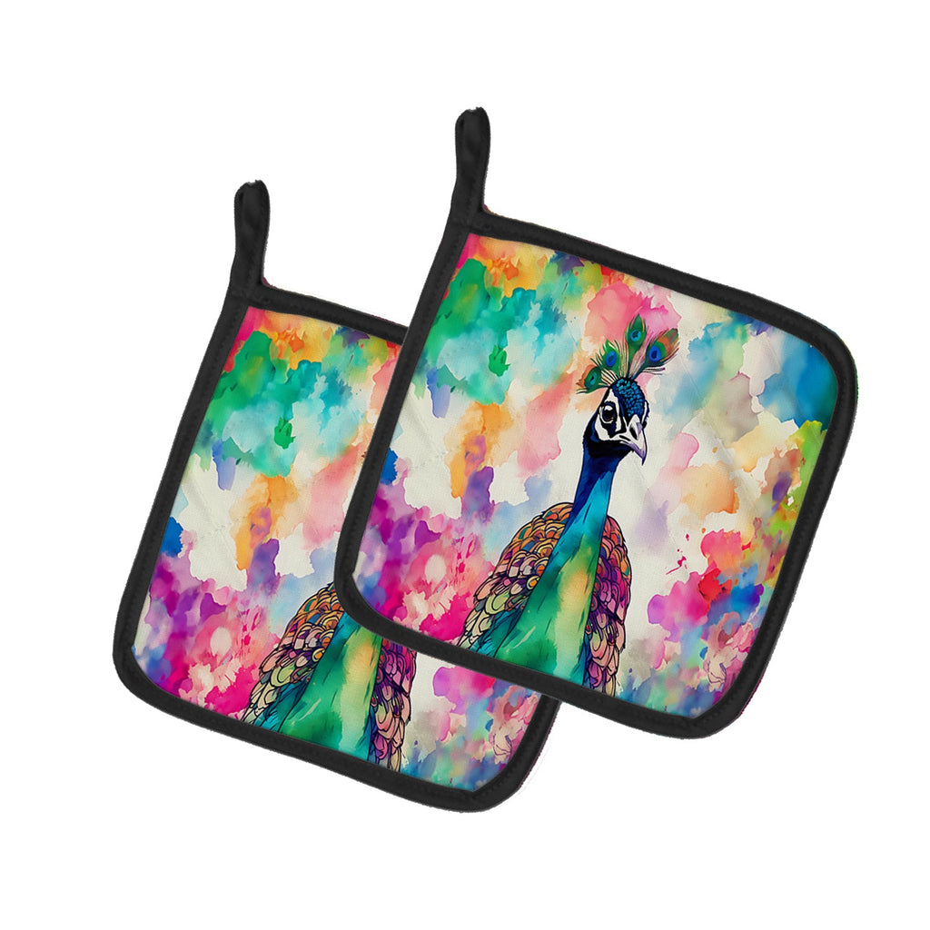 Hippie Animal Peacock Pot Holder Set of 2 Heat Resistant Quilted Hot Pads 7.5 x 7.5 Inch, Insulated Kitchen Trivets for Cooking & Baking