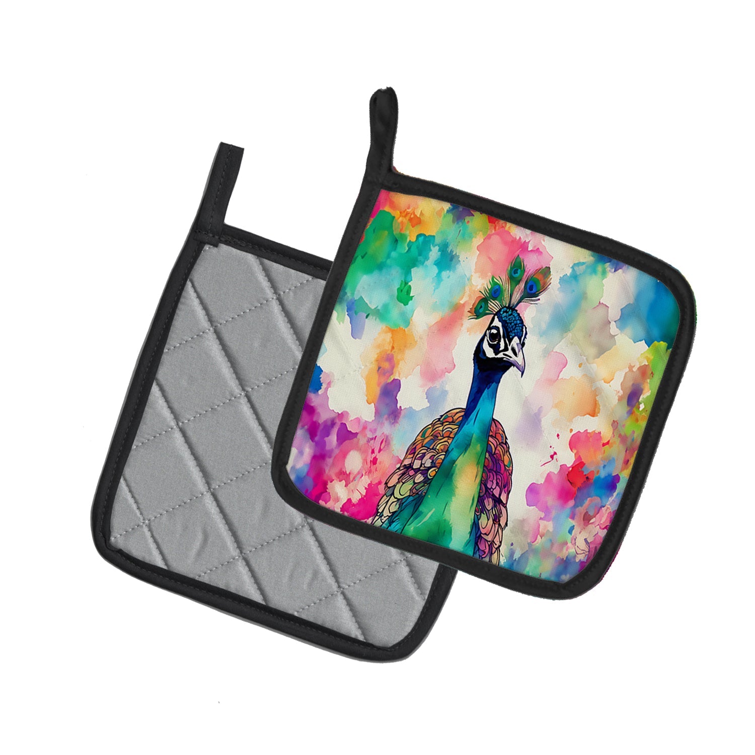 Hippie Animal Peacock Pot Holder Set of 2 Heat Resistant Quilted Hot Pads 7.5 x 7.5 Inch, Insulated Kitchen Trivets for Cooking & Baking