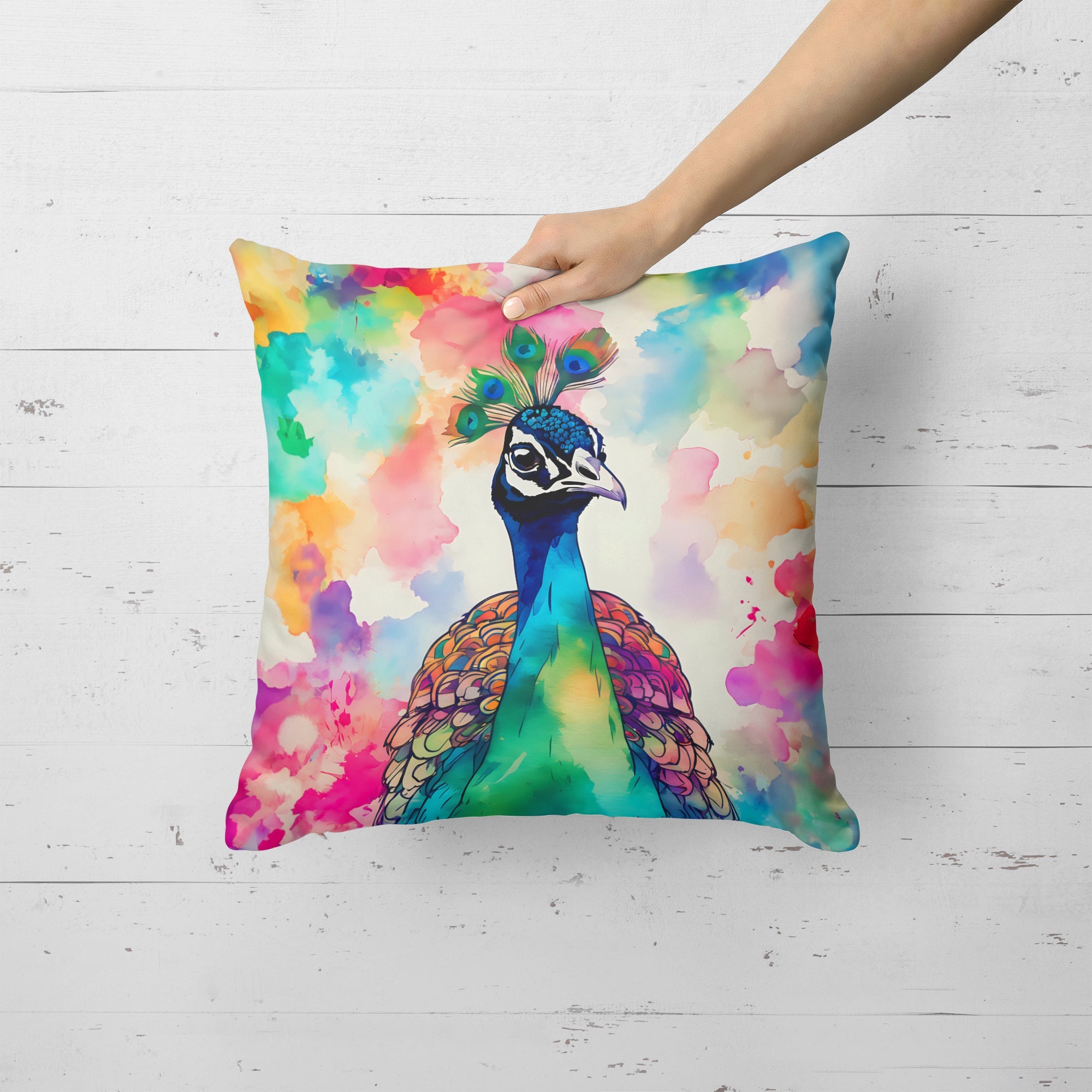 Hippie Animal Peacock Decorative Throw Pillow 18x18 Indoor Outdoor Accent Cushion, Fabric Cover with Insert for Sofa, Bed, Porch & Living Room