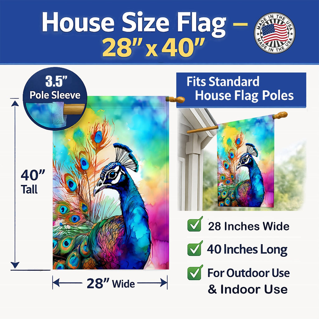 Hippie Animal Peacock House Flag 28x40 Porch Sleeve Pole Decorative Outside Yard Banner Artwork Wall Hanging, Polyester