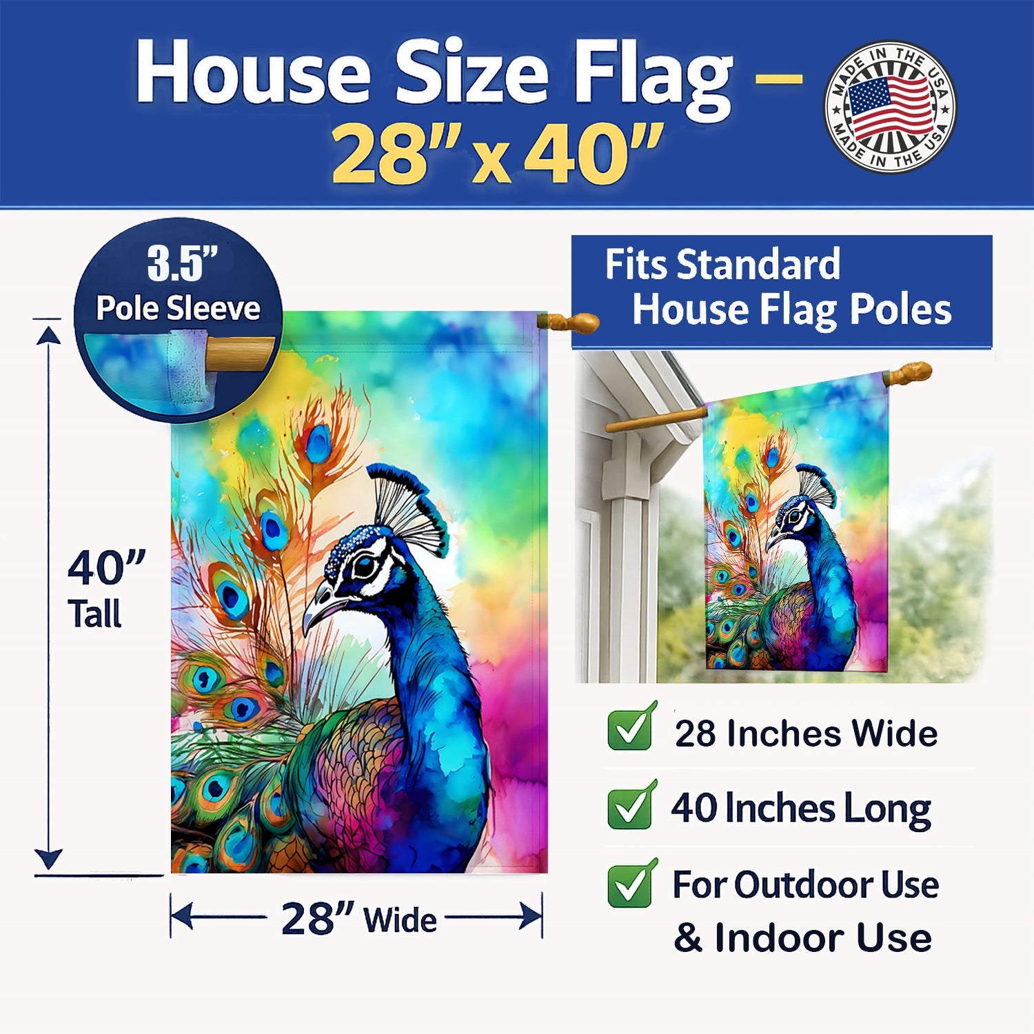 Hippie Animal Peacock House Flag 28x40 Porch Sleeve Pole Decorative Outside Yard Banner Artwork Wall Hanging, Polyester