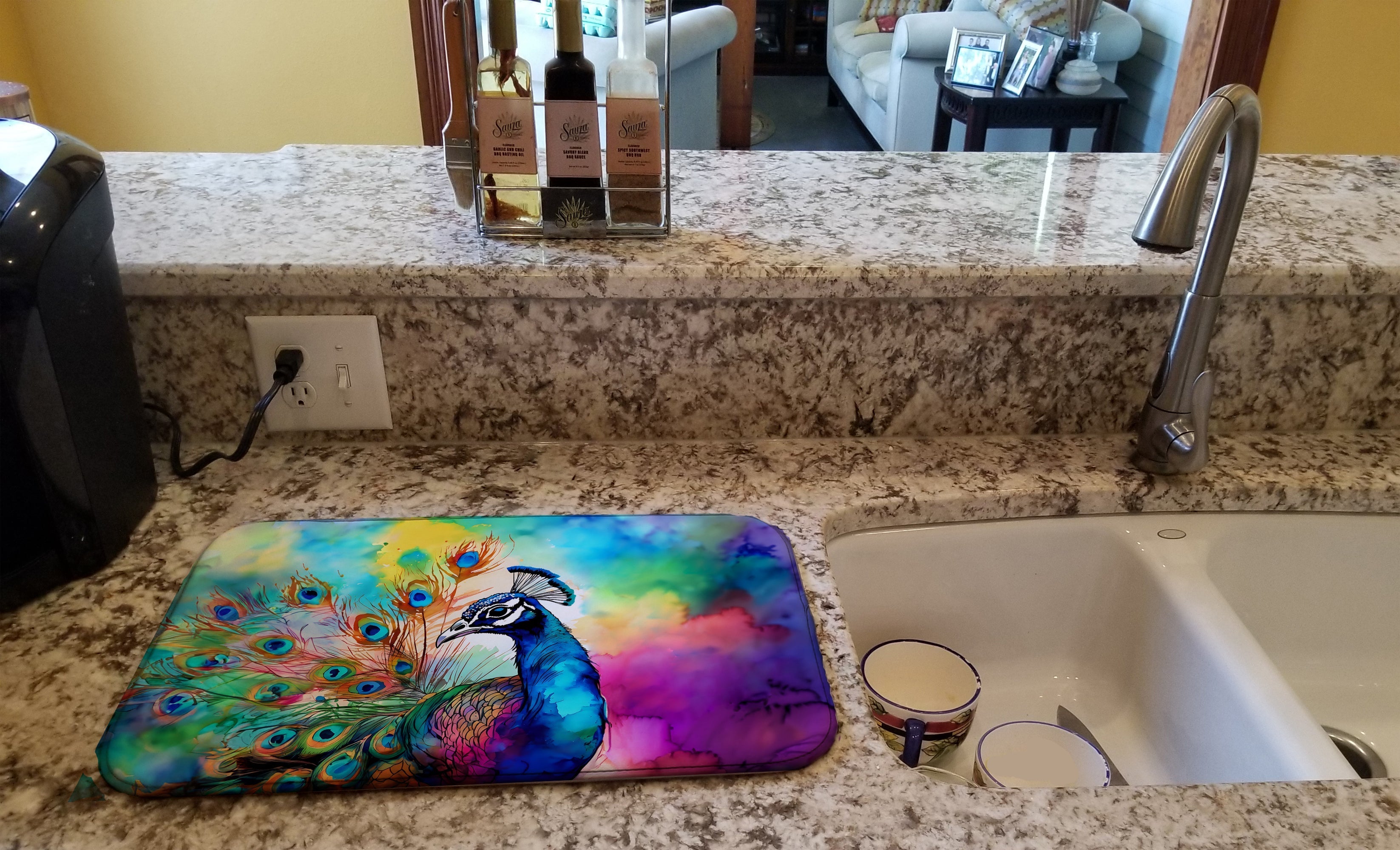 Hippie Animal Peacock Dish Drying Mat Absorbent Dish Drying Mat Pad for Kitchen Counter Dish Drainer Mat for Countertop, 14 x 21", Multicolor