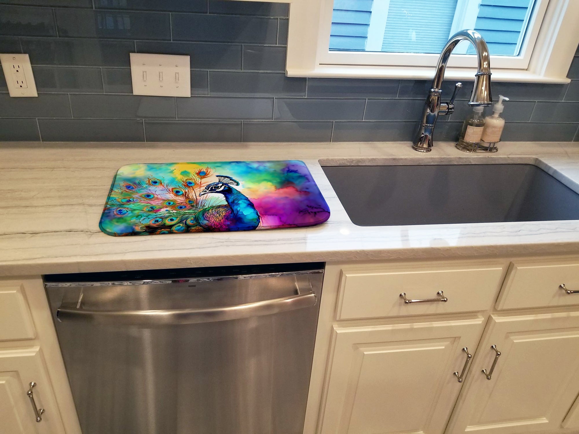 Hippie Animal Peacock Dish Drying Mat Absorbent Dish Drying Mat Pad for Kitchen Counter Dish Drainer Mat for Countertop, 14 x 21", Multicolor