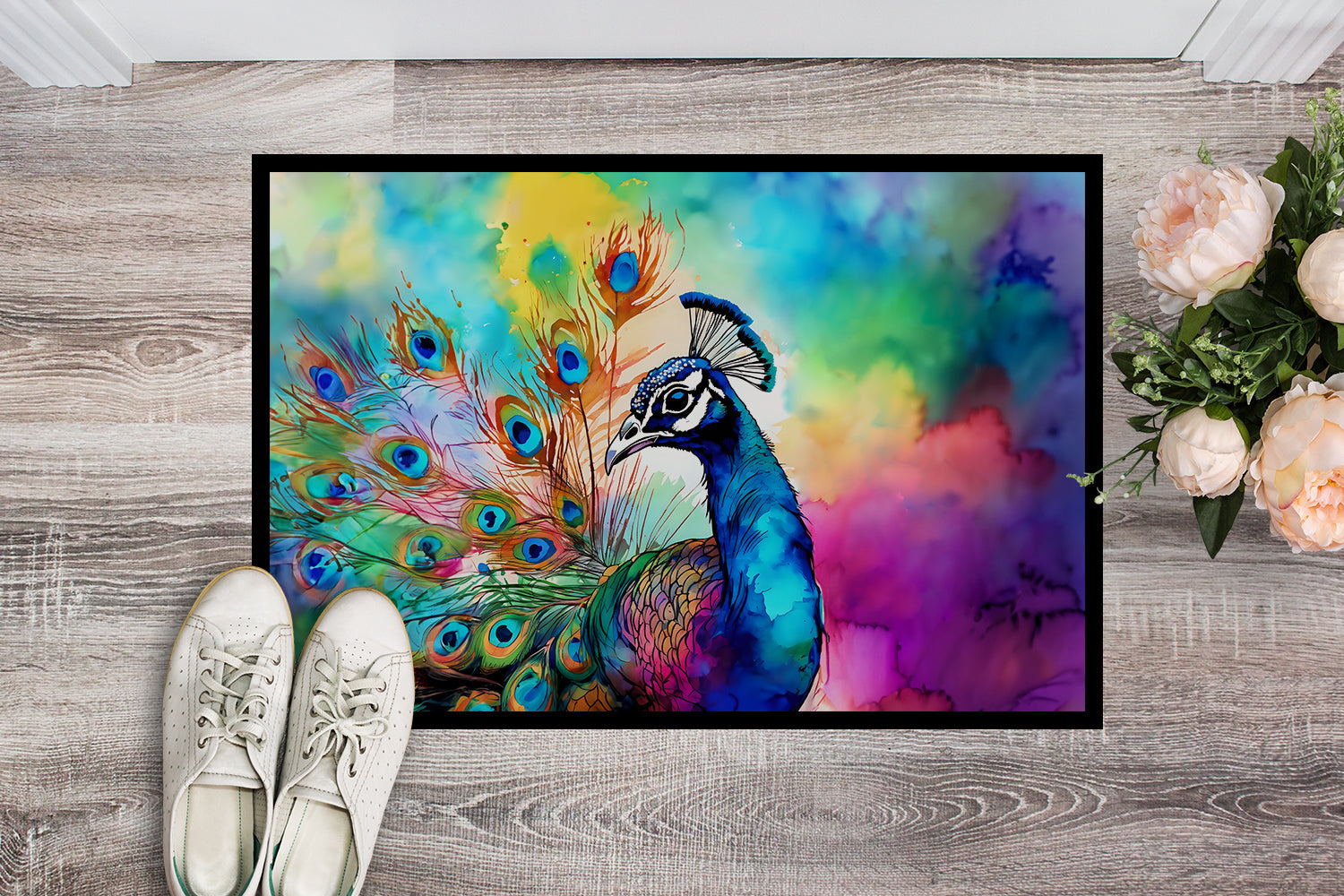 Hippie Animal Peacock Doormat Indoor Outdoor 24H X 36W Front Door Mat Rugs for Entryway, Non Slip Washable Low Pile,