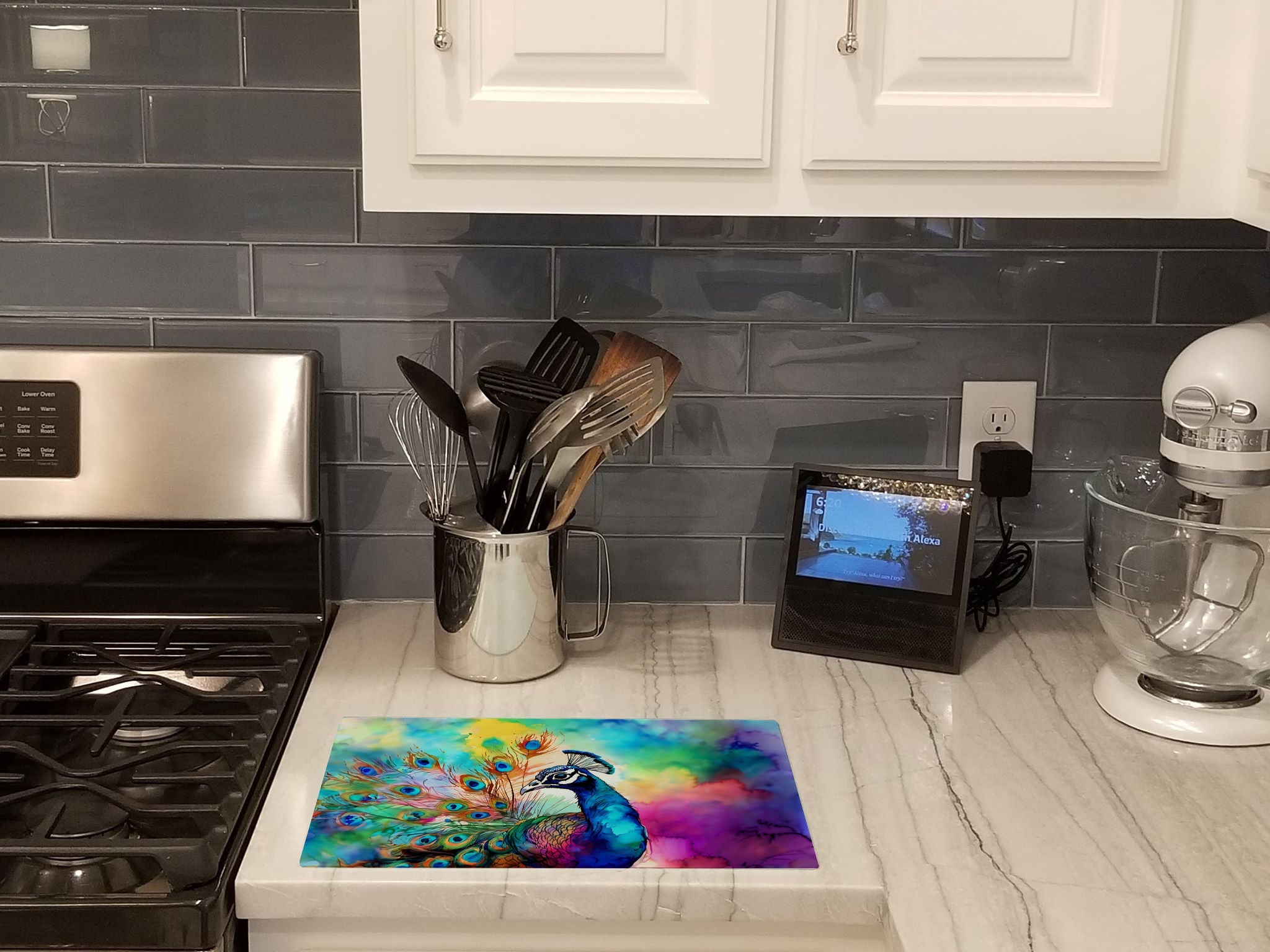 Hippie Animal Peacock Cutting Board Tempered Glass Kitchen Cutting Surface, Heat Resistant Chopping, Non-Slip Feet, Food Prep & Serving