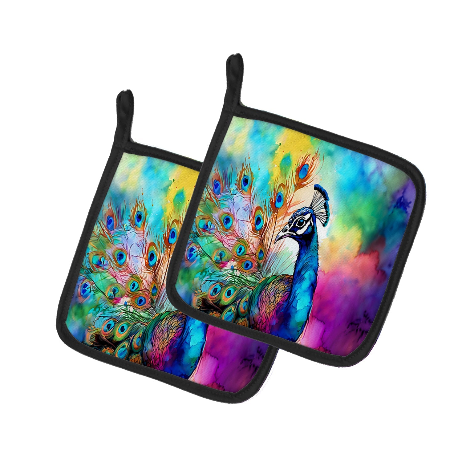 Hippie Animal Peacock Pot Holder Set of 2 Heat Resistant Quilted Hot Pads 7.5 x 7.5 Inch, Insulated Kitchen Trivets for Cooking & Baking