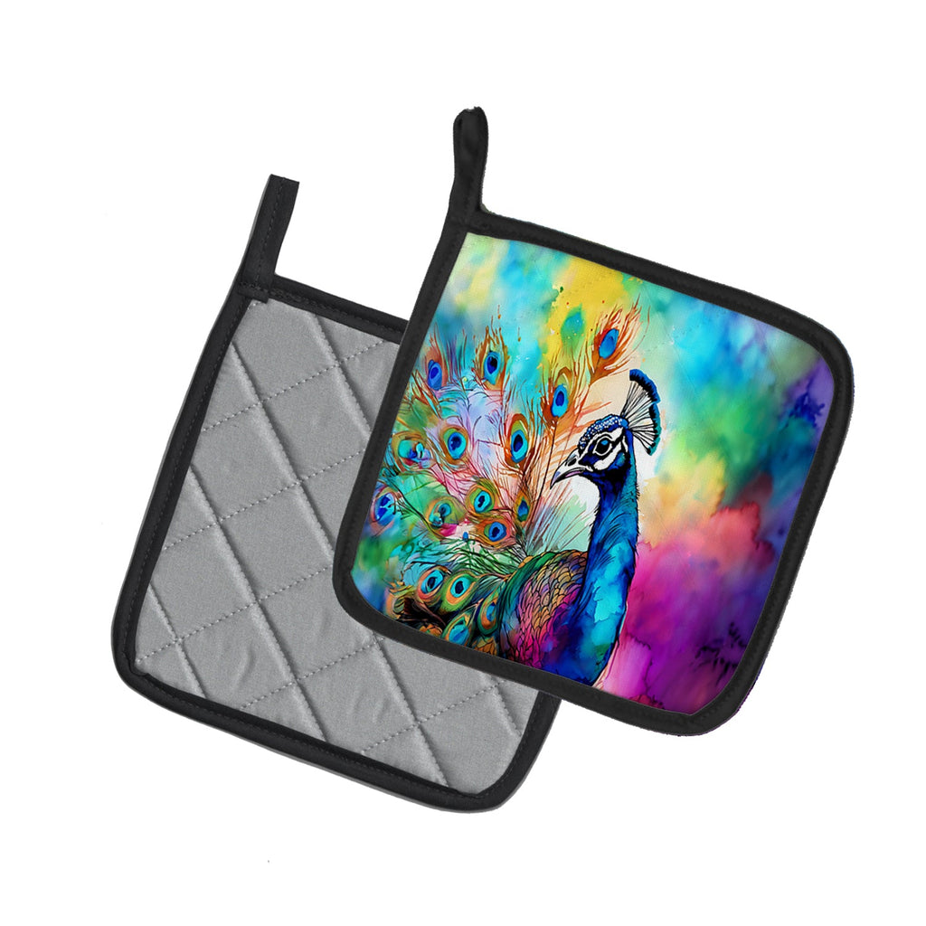 Hippie Animal Peacock Pot Holder Set of 2 Heat Resistant Quilted Hot Pads 7.5 x 7.5 Inch, Insulated Kitchen Trivets for Cooking & Baking