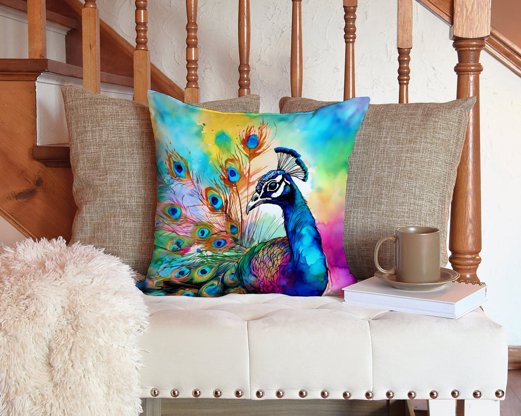 Hippie Animal Peacock Decorative Throw Pillow 14x14 Indoor Outdoor Accent Cushion, Fabric Cover with Insert for Sofa, Bed, Porch & Living Room