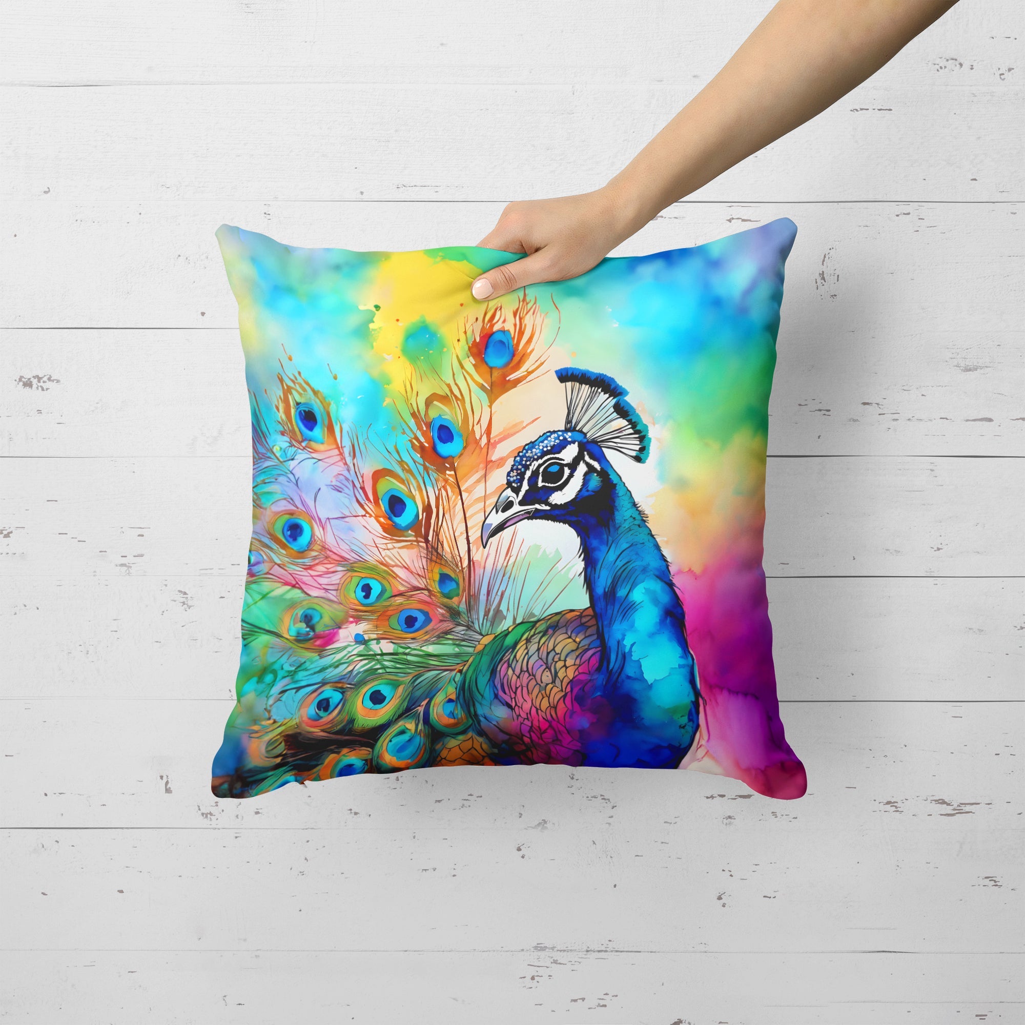 Hippie Animal Peacock Decorative Throw Pillow 18x18 Indoor Outdoor Accent Cushion, Fabric Cover with Insert for Sofa, Bed, Porch & Living Room