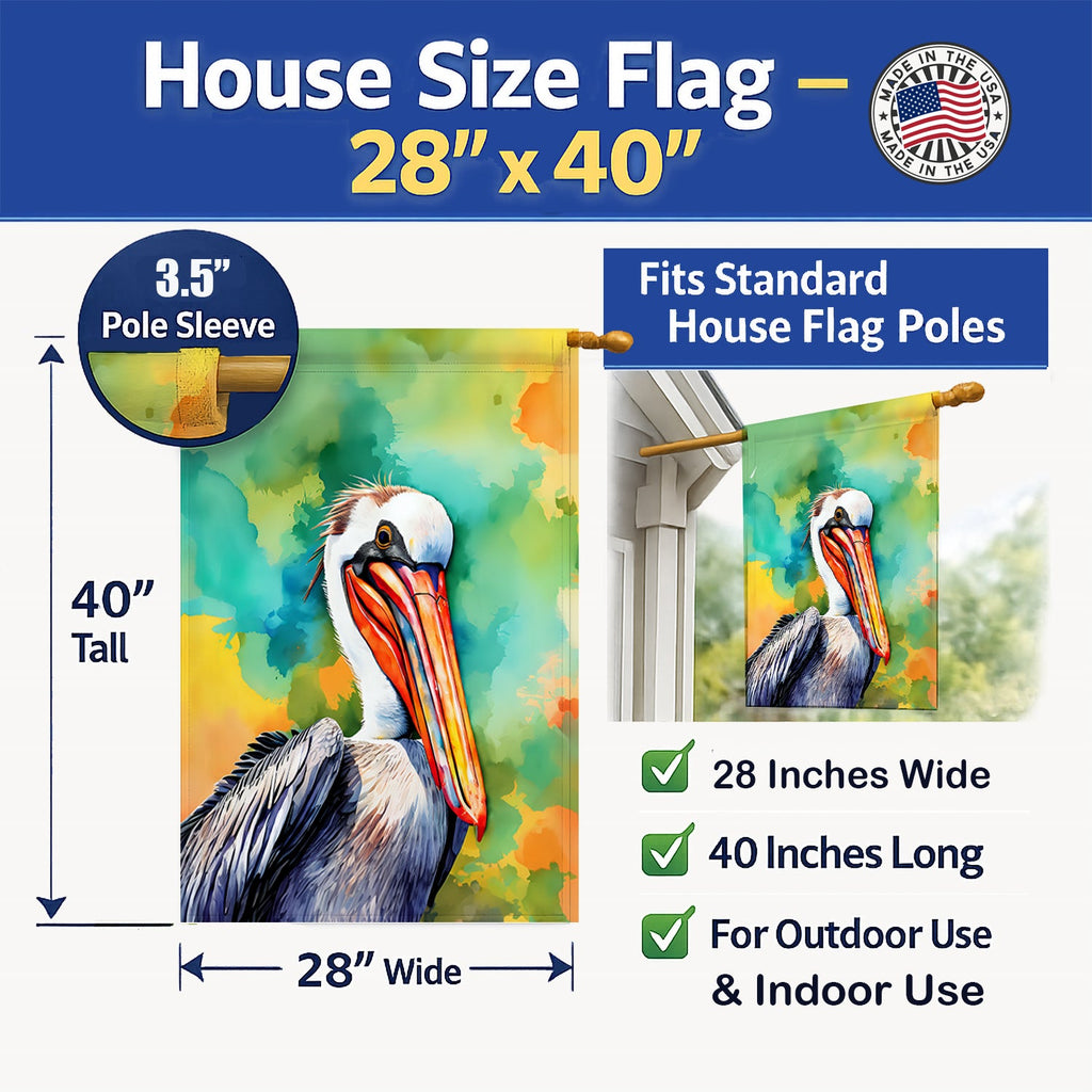 Hippie Animal Pelican House Flag 28x40 Porch Sleeve Pole Decorative Outside Yard Banner Artwork Wall Hanging, Polyester