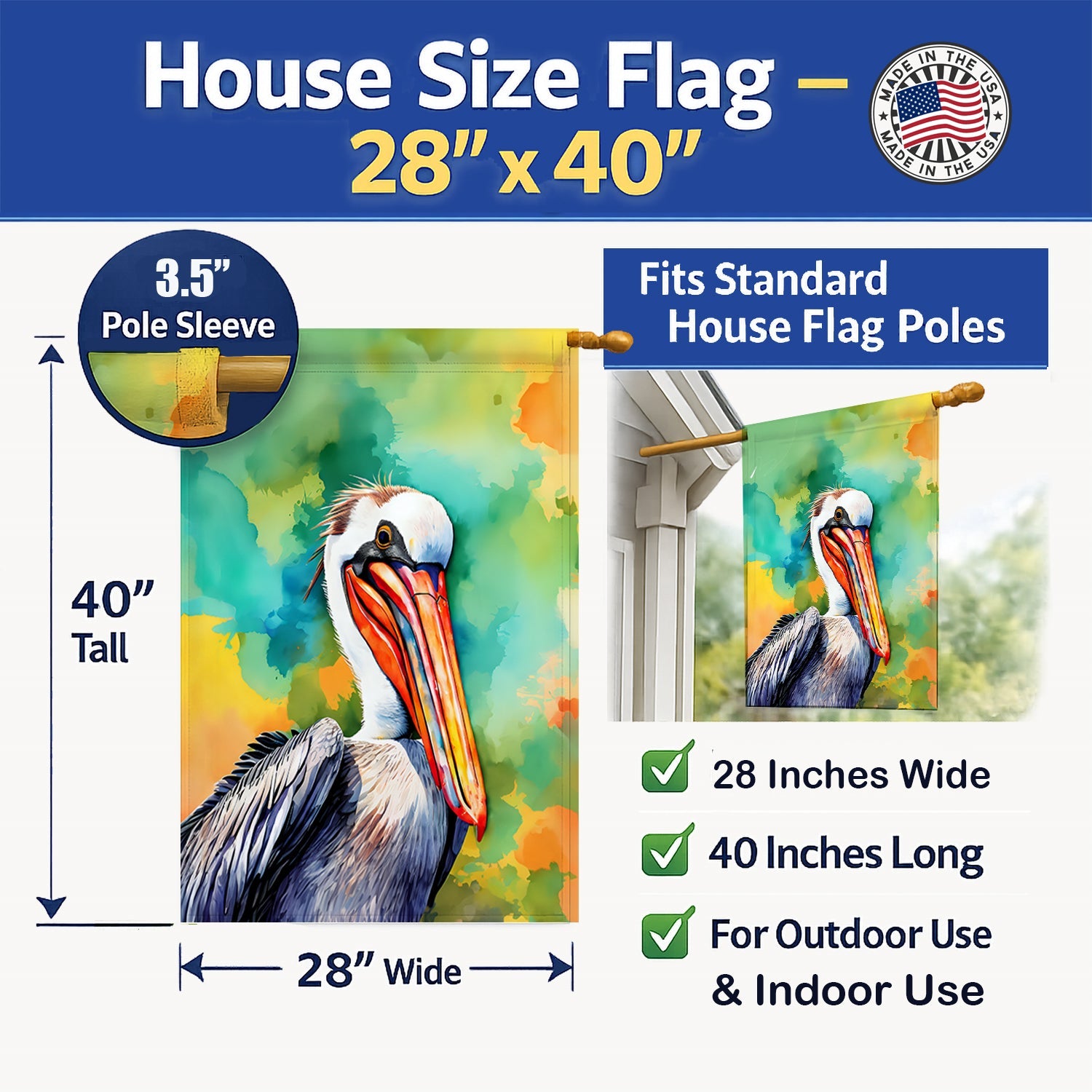 Hippie Animal Pelican House Flag 28x40 Porch Sleeve Pole Decorative Outside Yard Banner Artwork Wall Hanging, Polyester