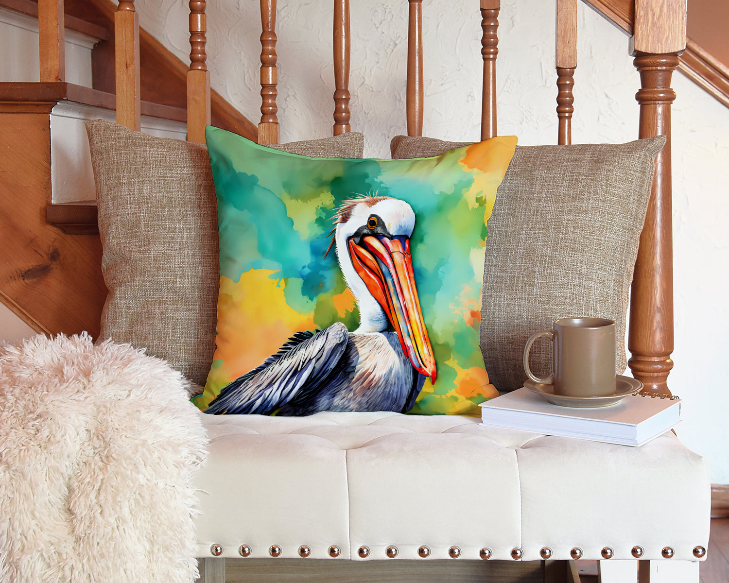 Hippie Animal Pelican Decorative Throw Pillow 14x14 Indoor Outdoor Accent Cushion, Fabric Cover with Insert for Sofa, Bed, Porch & Living Room