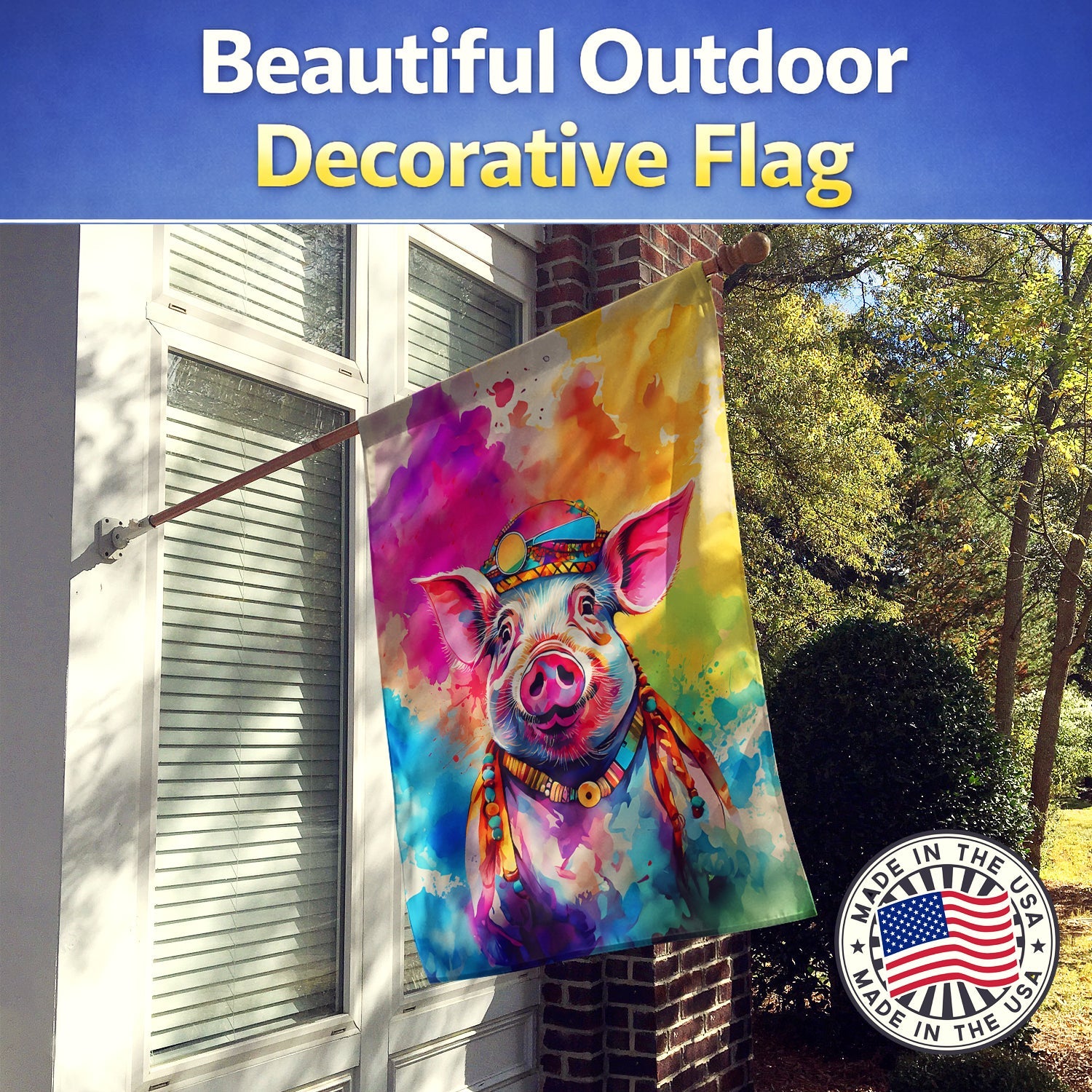 Hippie Animal Pig House Flag 28x40 Porch Sleeve Pole Decorative Outside Yard Banner Artwork Wall Hanging, Polyester