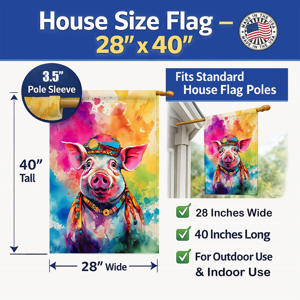 Hippie Animal Pig House Flag 28x40 Porch Sleeve Pole Decorative Outside Yard Banner Artwork Wall Hanging, Polyester