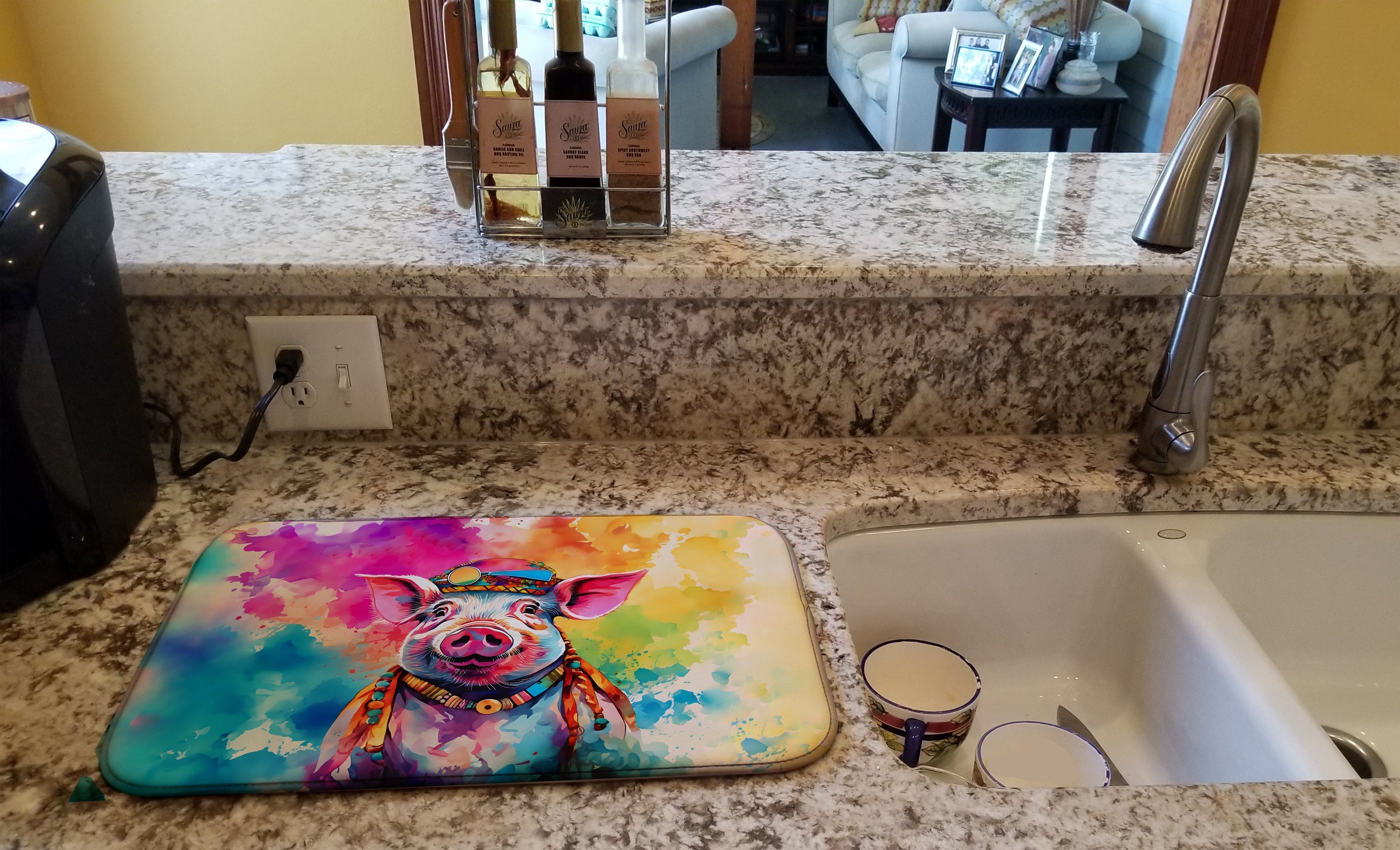 Hippie Animal Pig Dish Drying Mat Absorbent Dish Drying Mat Pad for Kitchen Counter Dish Drainer Mat for Countertop, 14 x 21", Multicolor