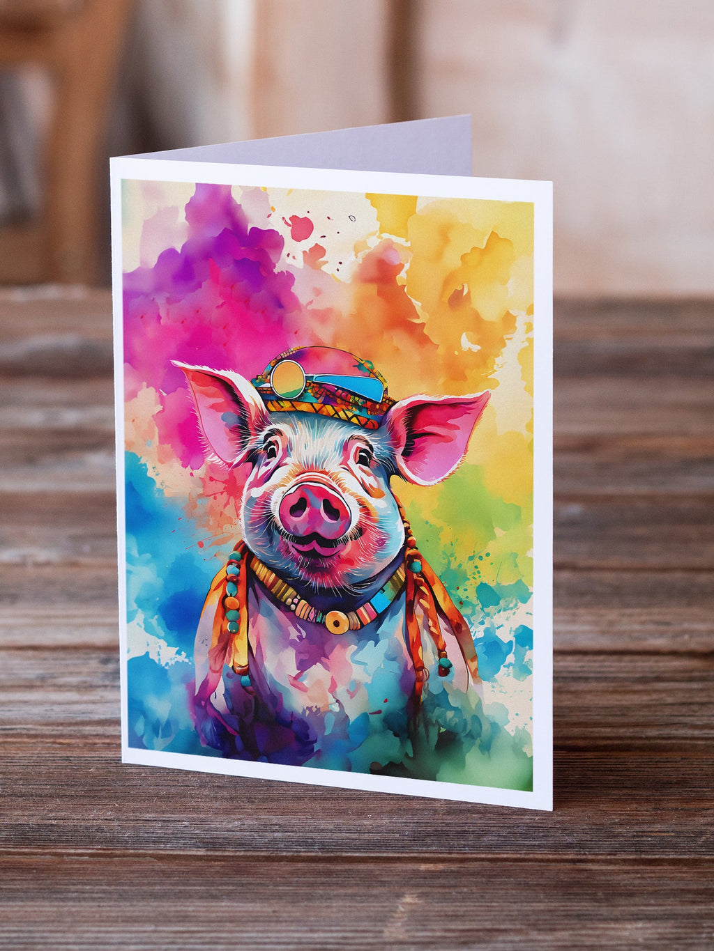 Hippie Animal Pig Greeting Cards Pack of 8 Blank Cards with Envelopes Whimsical A7 Size 5x7