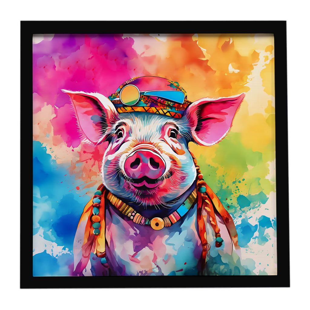 Hippie Animal Pig Framed Metal Print Bathroom, Kitchen, Office, Home Decor Wall Art Ready to Hang, Square, 8X8