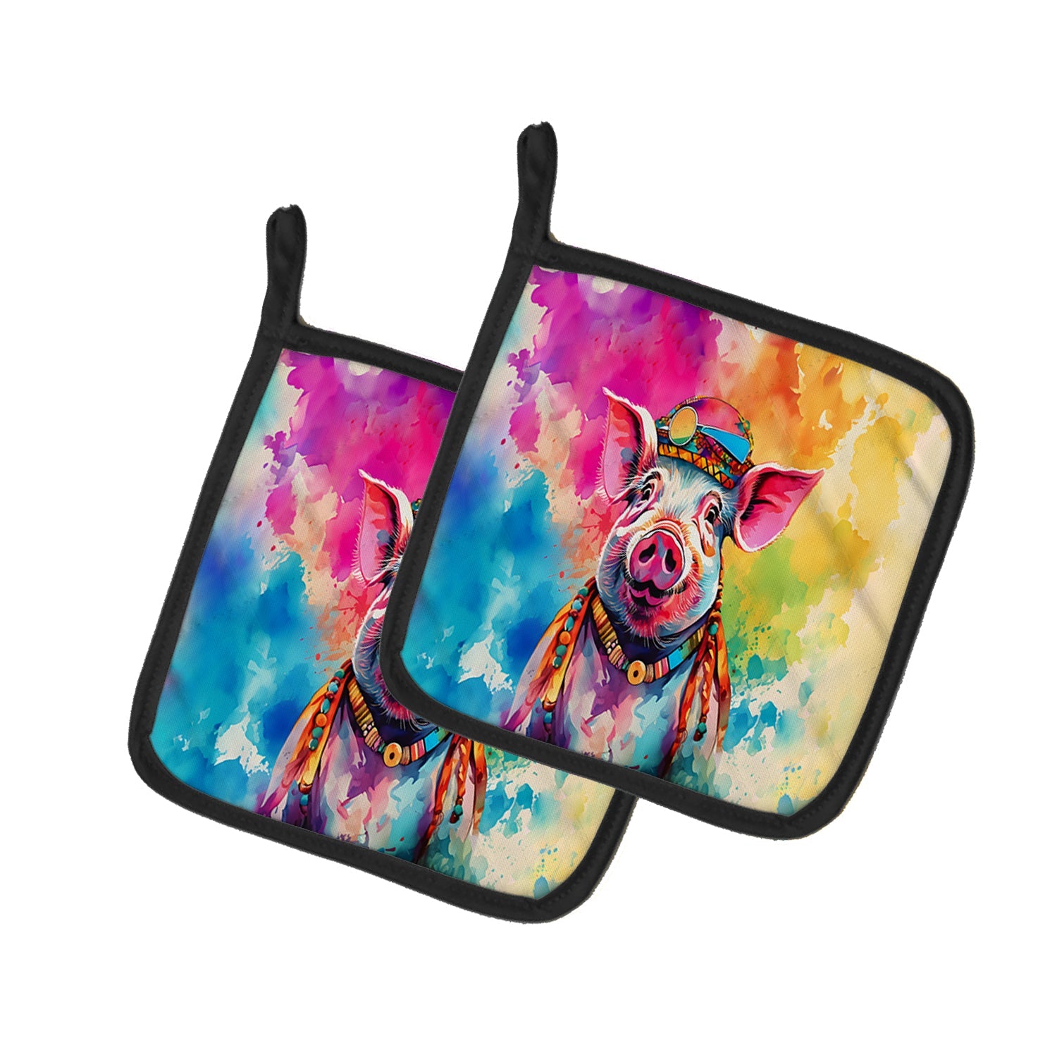 Hippie Animal Pig Pot Holder Set of 2 Heat Resistant Quilted Hot Pads 7.5 x 7.5 Inch, Insulated Kitchen Trivets for Cooking & Baking