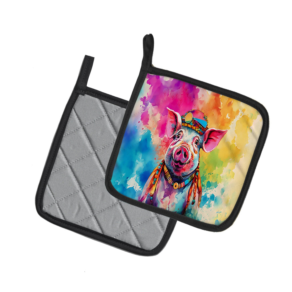Hippie Animal Pig Pot Holder Set of 2 Heat Resistant Quilted Hot Pads 7.5 x 7.5 Inch, Insulated Kitchen Trivets for Cooking & Baking