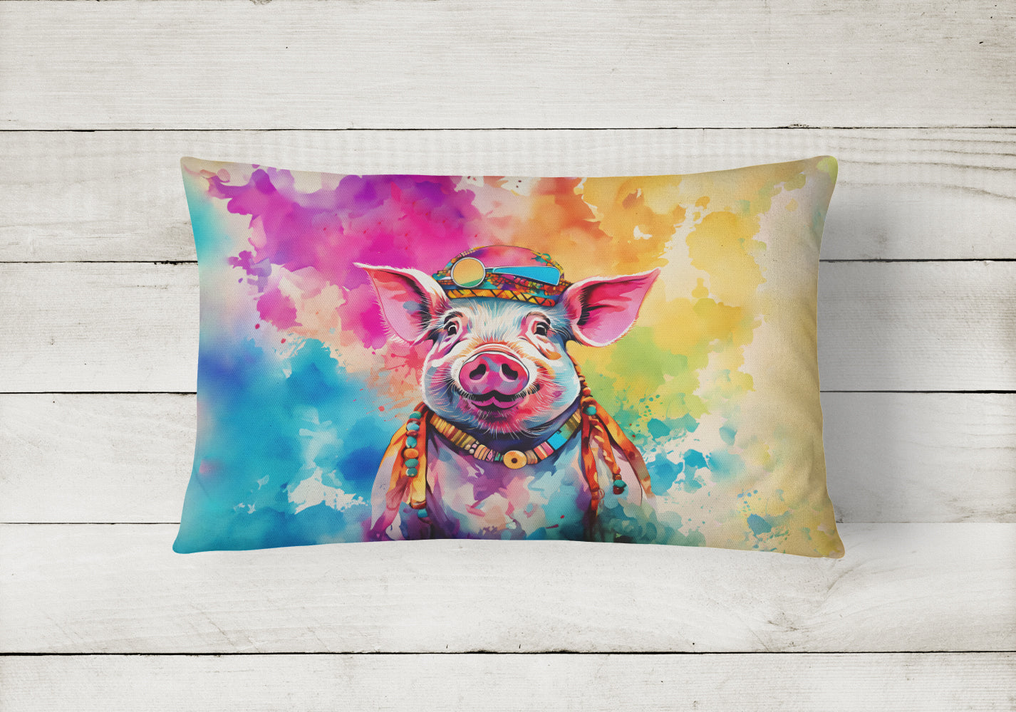 Hippie Animal Pig Decorative Throw Pillow 12x16 Indoor Outdoor Accent Cushion, Fabric Cover with Insert for Sofa, Bed, Porch & Living Room