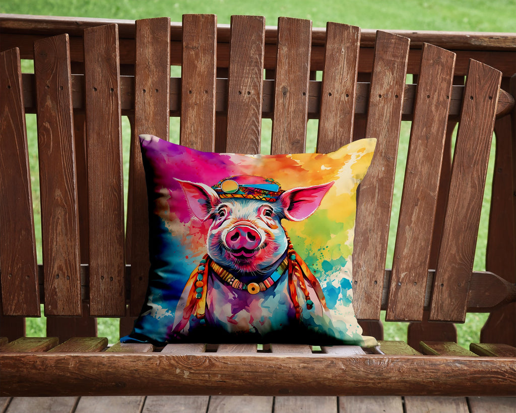 Hippie Animal Pig Decorative Throw Pillow 14x14 Indoor Outdoor Accent Cushion, Fabric Cover with Insert for Sofa, Bed, Porch & Living Room
