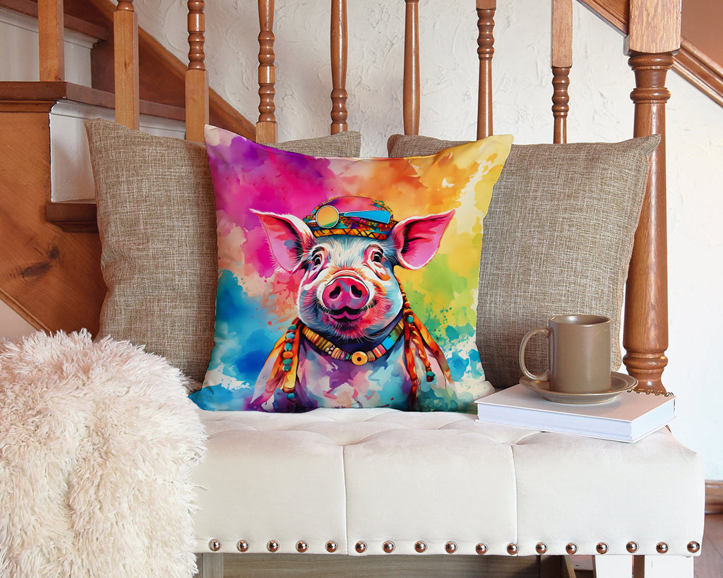 Hippie Animal Pig Decorative Throw Pillow 14x14 Indoor Outdoor Accent Cushion, Fabric Cover with Insert for Sofa, Bed, Porch & Living Room