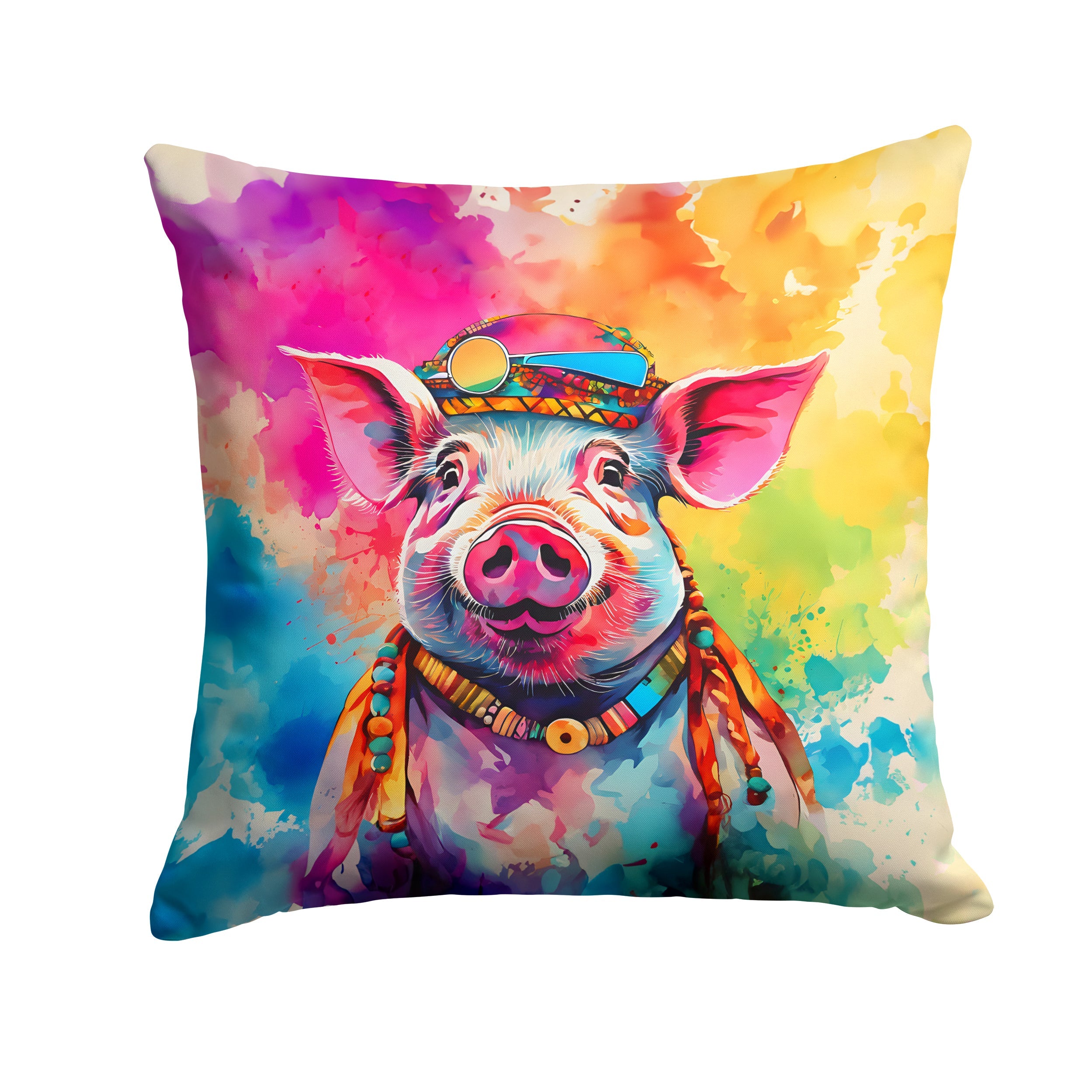 Hippie Animal Pig Decorative Throw Pillow 18x18 Indoor Outdoor Accent Cushion, Fabric Cover with Insert for Sofa, Bed, Porch & Living Room