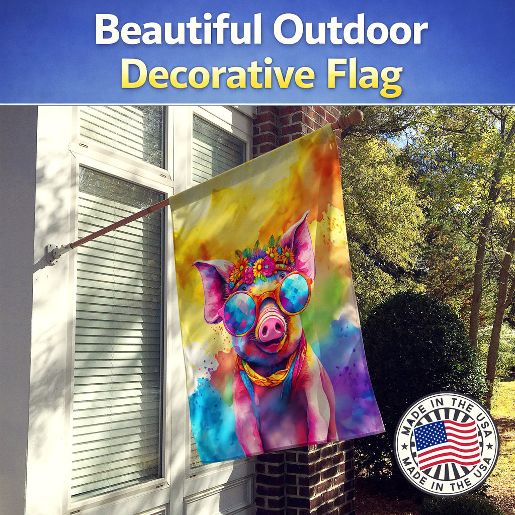 Hippie Animal Pig House Flag 28x40 Porch Sleeve Pole Decorative Outside Yard Banner Artwork Wall Hanging, Polyester