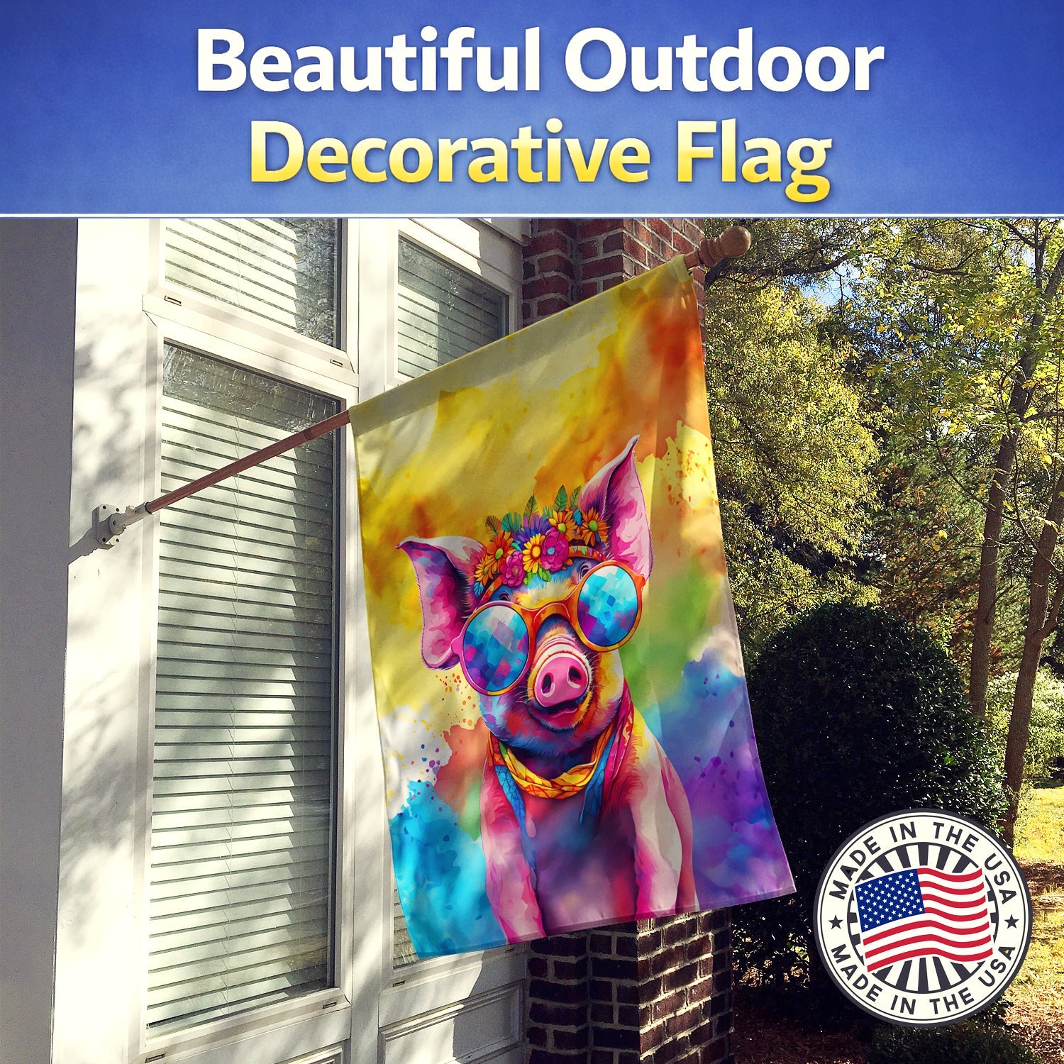 Hippie Animal Pig House Flag 28x40 Porch Sleeve Pole Decorative Outside Yard Banner Artwork Wall Hanging, Polyester