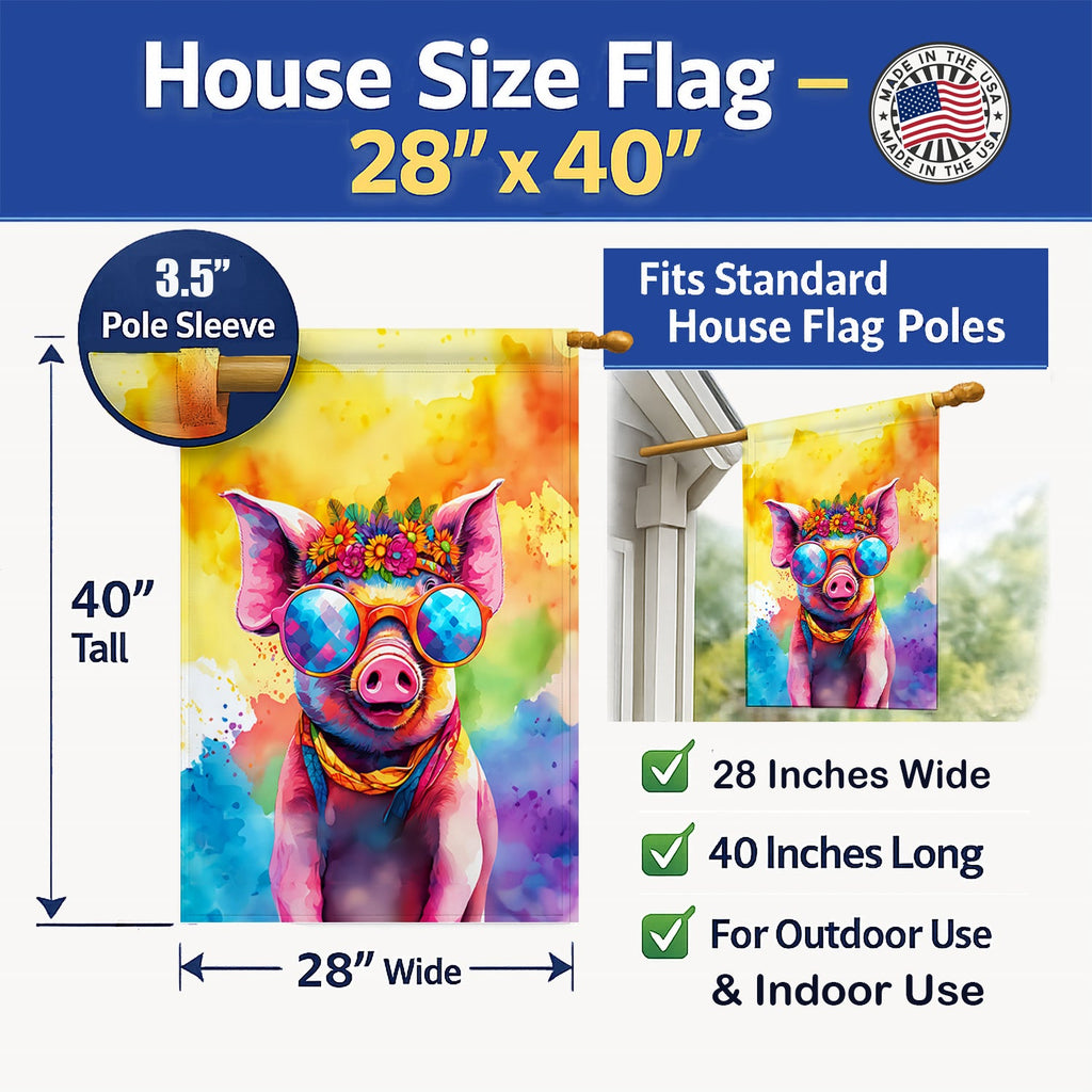 Hippie Animal Pig House Flag 28x40 Porch Sleeve Pole Decorative Outside Yard Banner Artwork Wall Hanging, Polyester