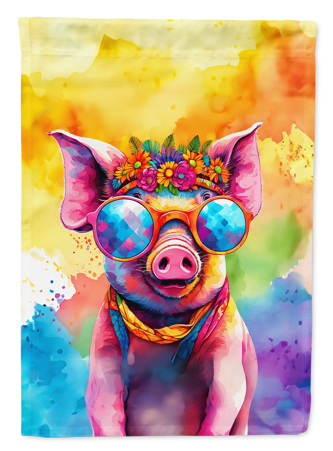 Hippie Animal Pig House Flag 28x40 Porch Sleeve Pole Decorative Outside Yard Banner Artwork Wall Hanging, Polyester