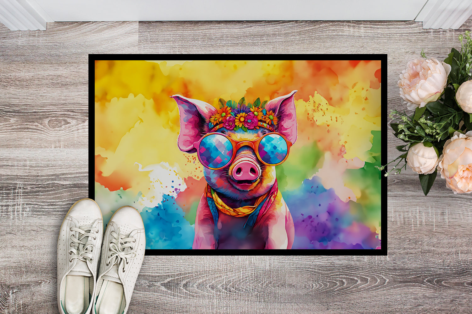 Hippie Animal Pig Doormat Indoor Outdoor 24H X 36W Front Door Mat Rugs for Entryway, Non Slip Washable Low Pile,