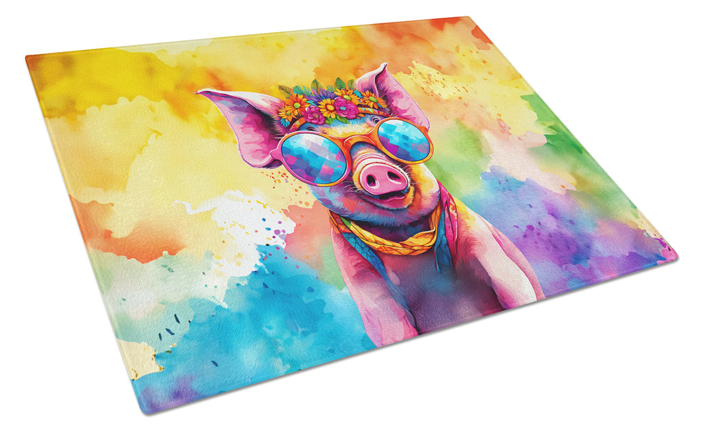 Hippie Animal Pig Cutting Board Tempered Glass Kitchen Cutting Surface, Heat Resistant Chopping, Non-Slip Feet, Food Prep & Serving