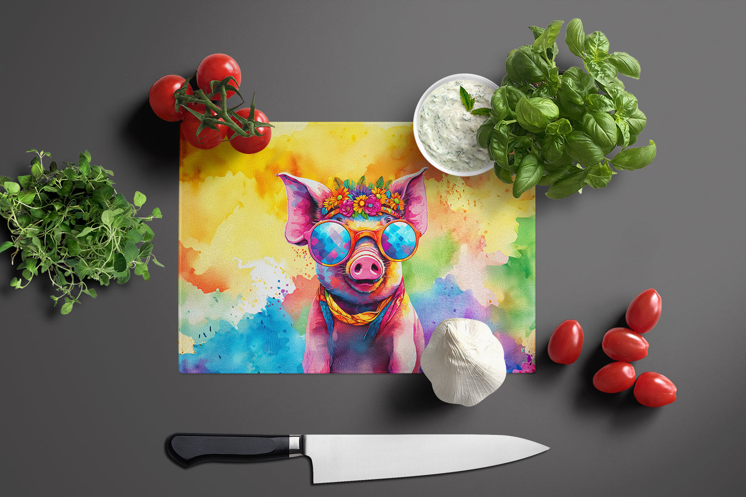 Hippie Animal Pig Cutting Board Tempered Glass Kitchen Cutting Surface, Heat Resistant Chopping, Non-Slip Feet, Food Prep & Serving