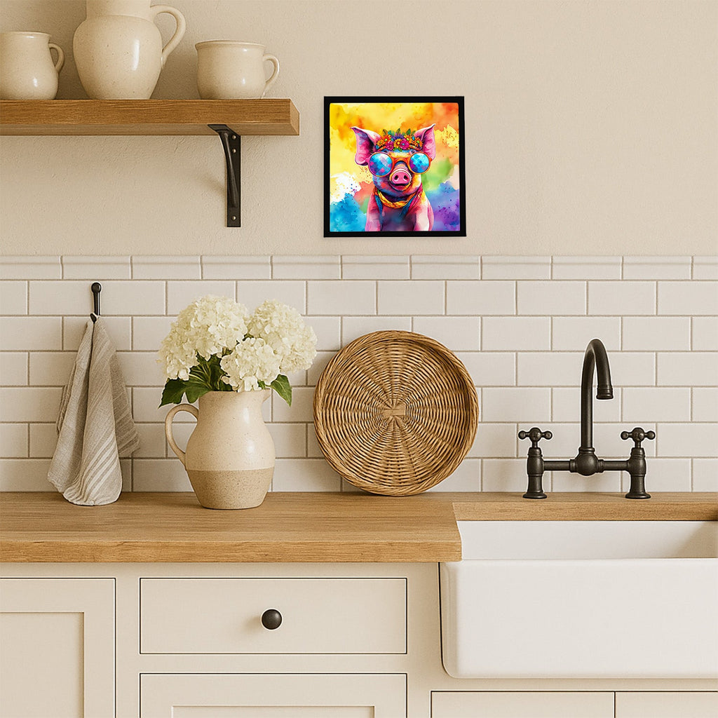 Hippie Animal Pig Framed Metal Print Bathroom, Kitchen, Office, Home Decor Wall Art Ready to Hang, Square, 8X8