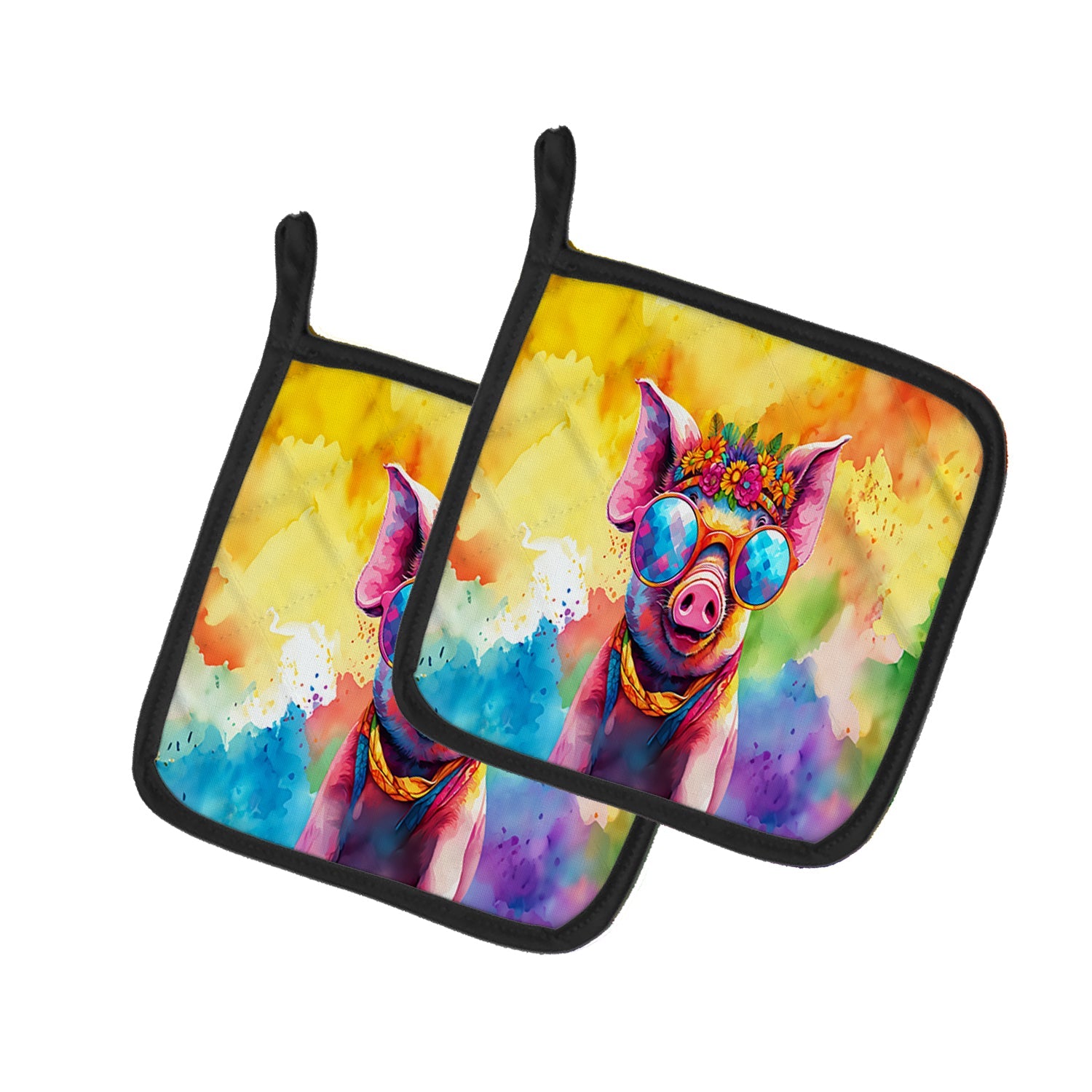 Hippie Animal Pig Pot Holder Set of 2 Heat Resistant Quilted Hot Pads 7.5 x 7.5 Inch, Insulated Kitchen Trivets for Cooking & Baking