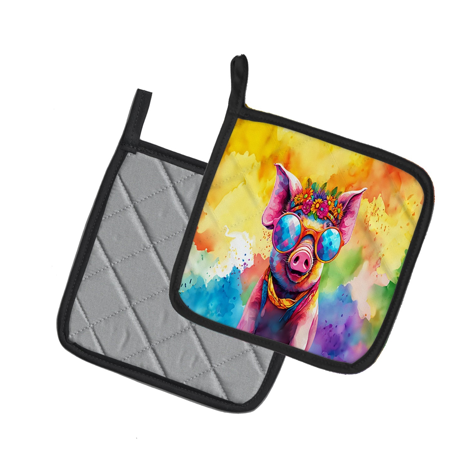 Hippie Animal Pig Pot Holder Set of 2 Heat Resistant Quilted Hot Pads 7.5 x 7.5 Inch, Insulated Kitchen Trivets for Cooking & Baking