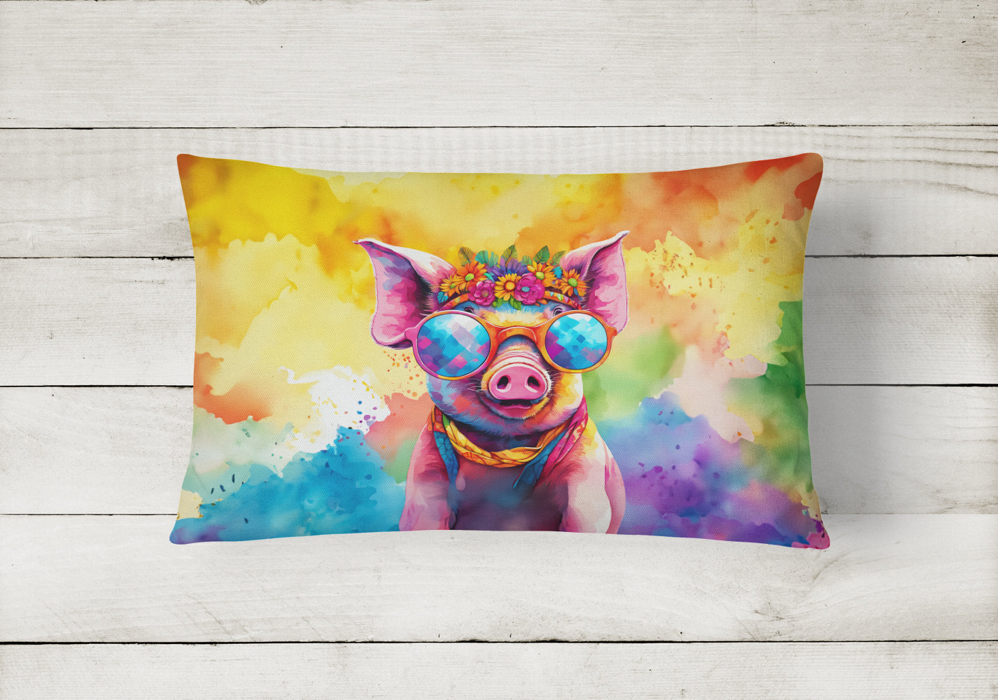 Hippie Animal Pig Decorative Throw Pillow 12x16 Indoor Outdoor Accent Cushion, Fabric Cover with Insert for Sofa, Bed, Porch & Living Room