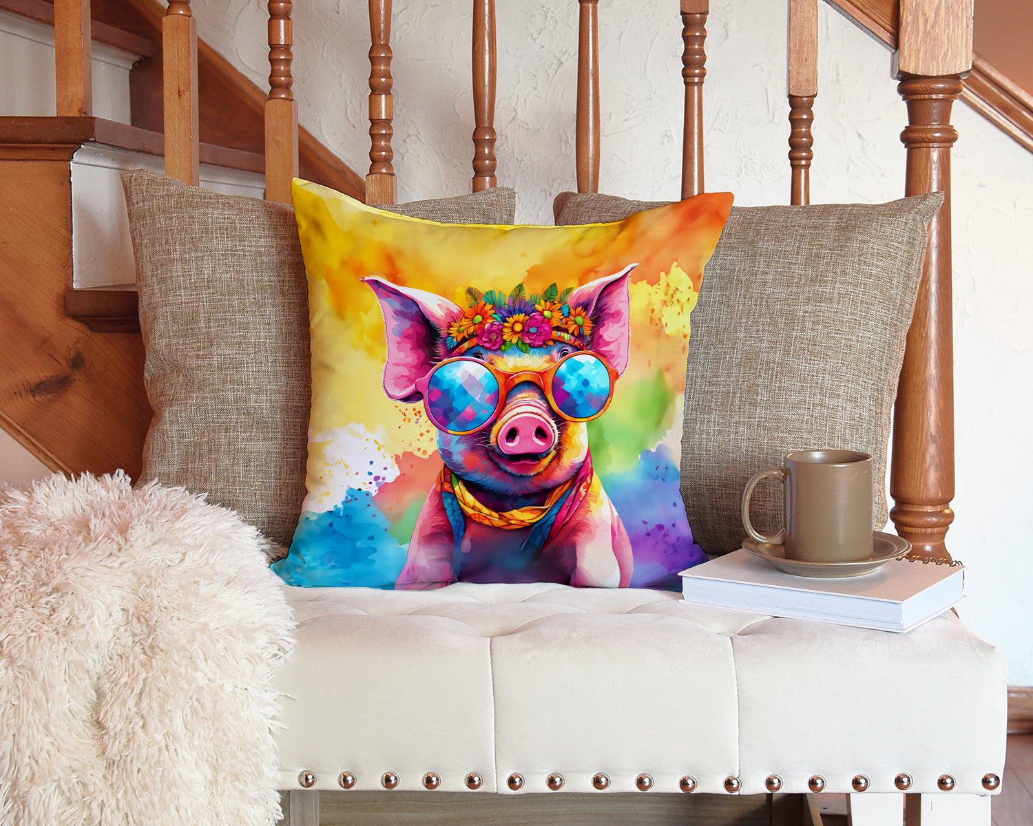 Hippie Animal Pig Decorative Throw Pillow 14x14 Indoor Outdoor Accent Cushion, Fabric Cover with Insert for Sofa, Bed, Porch & Living Room