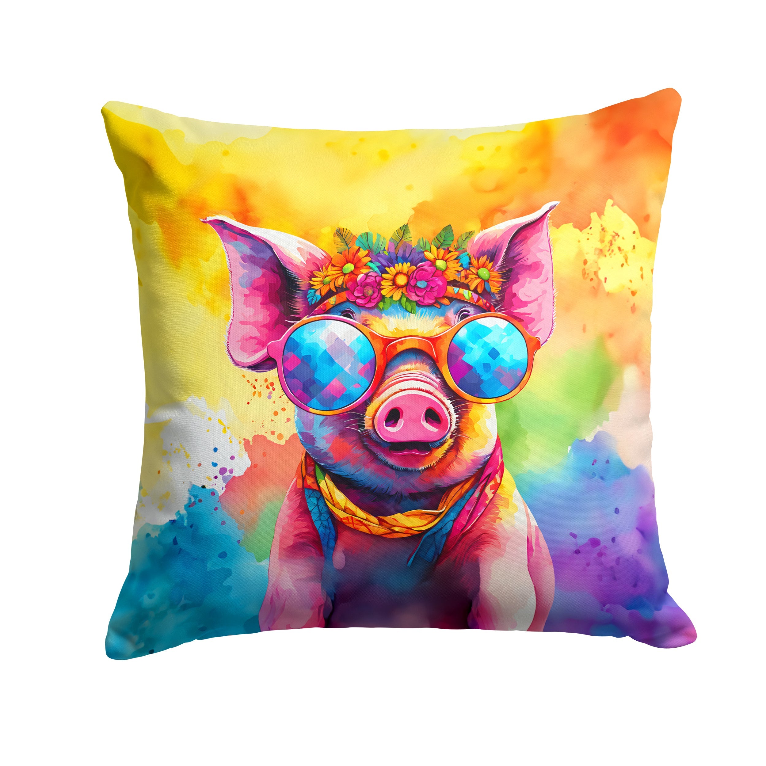 Hippie Animal Pig Decorative Throw Pillow 18x18 Indoor Outdoor Accent Cushion, Fabric Cover with Insert for Sofa, Bed, Porch & Living Room