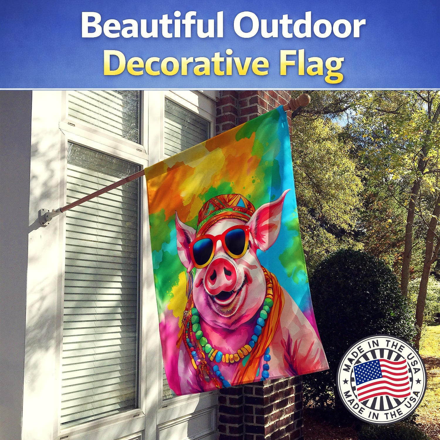 Hippie Animal Pig House Flag 28x40 Porch Sleeve Pole Decorative Outside Yard Banner Artwork Wall Hanging, Polyester