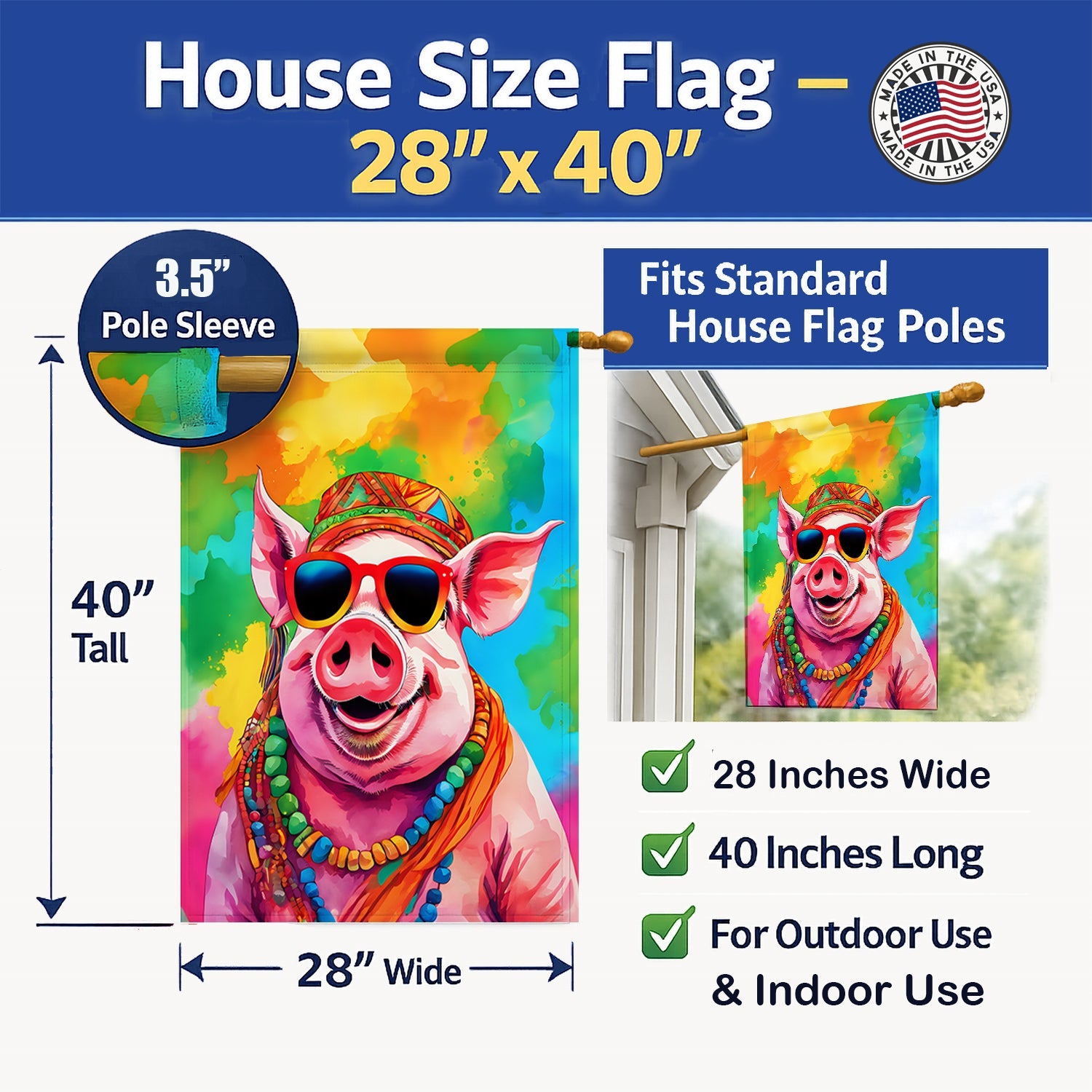 Hippie Animal Pig House Flag 28x40 Porch Sleeve Pole Decorative Outside Yard Banner Artwork Wall Hanging, Polyester