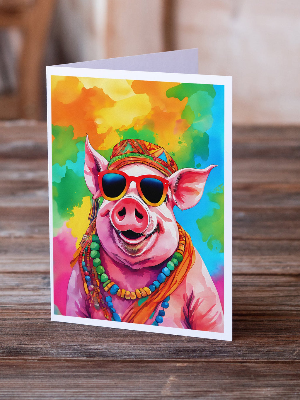 Hippie Animal Pig Greeting Cards Pack of 8 Blank Cards with Envelopes Whimsical A7 Size 5x7