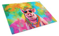 Hippie Animal Pig Cutting Board Tempered Glass Kitchen Cutting Surface, Heat Resistant Chopping, Non-Slip Feet, Food Prep & Serving