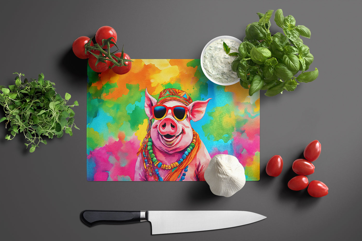 Hippie Animal Pig Cutting Board Tempered Glass Kitchen Cutting Surface, Heat Resistant Chopping, Non-Slip Feet, Food Prep & Serving