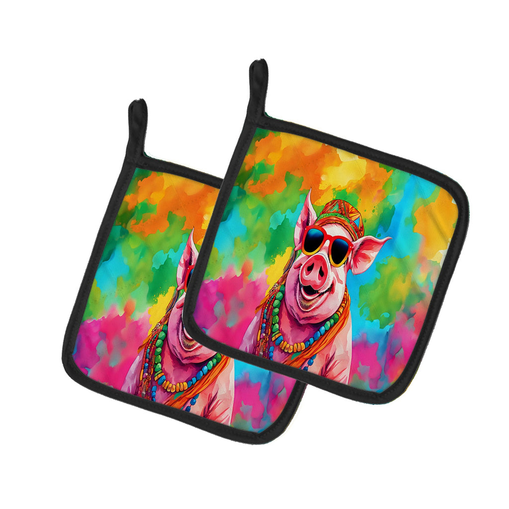Hippie Animal Pig Pot Holder Set of 2 Heat Resistant Quilted Hot Pads 7.5 x 7.5 Inch, Insulated Kitchen Trivets for Cooking & Baking
