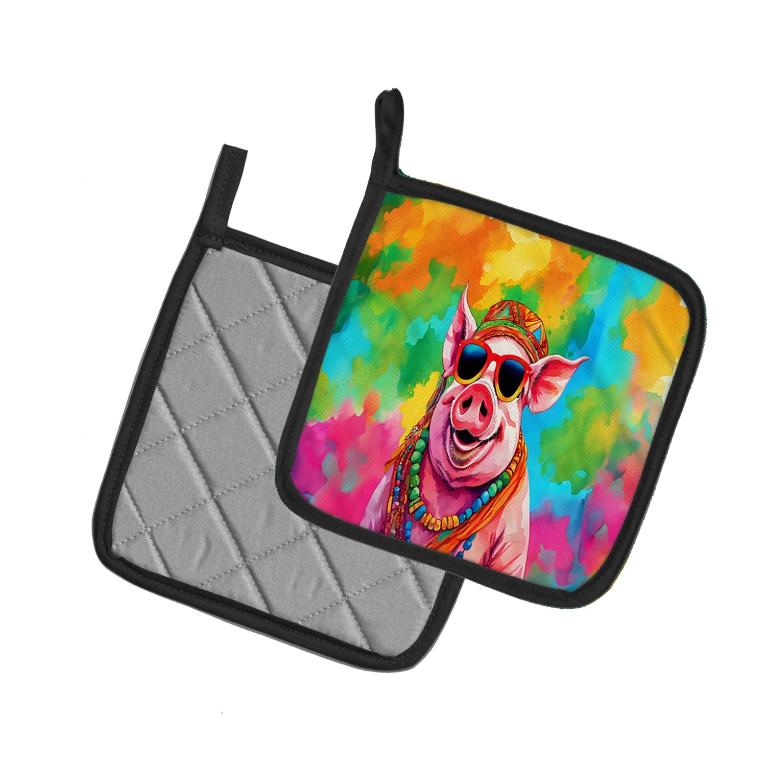 Hippie Animal Pig Pot Holder Set of 2 Heat Resistant Quilted Hot Pads 7.5 x 7.5 Inch, Insulated Kitchen Trivets for Cooking & Baking