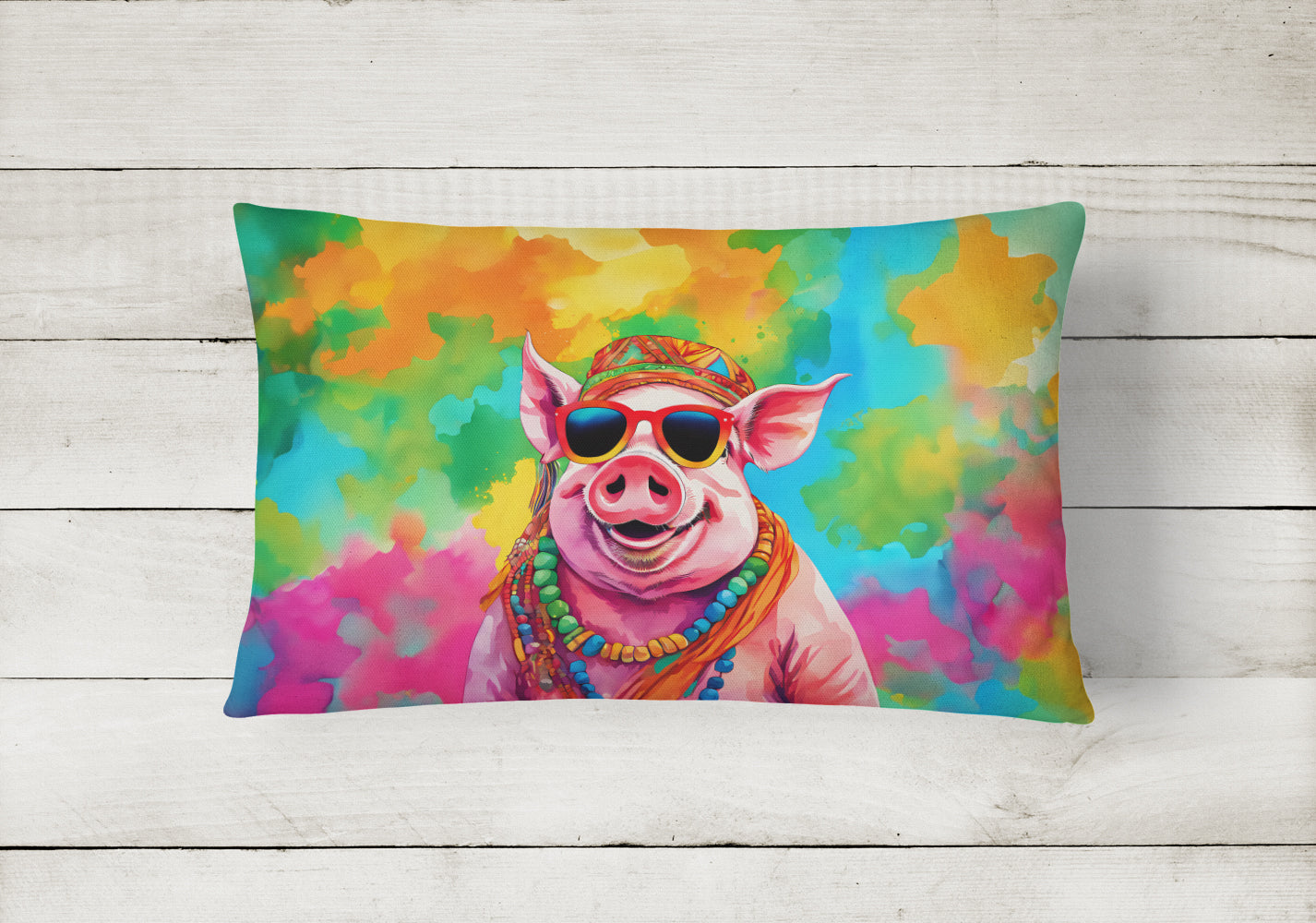 Hippie Animal Pig Decorative Throw Pillow 12x16 Indoor Outdoor Accent Cushion, Fabric Cover with Insert for Sofa, Bed, Porch & Living Room