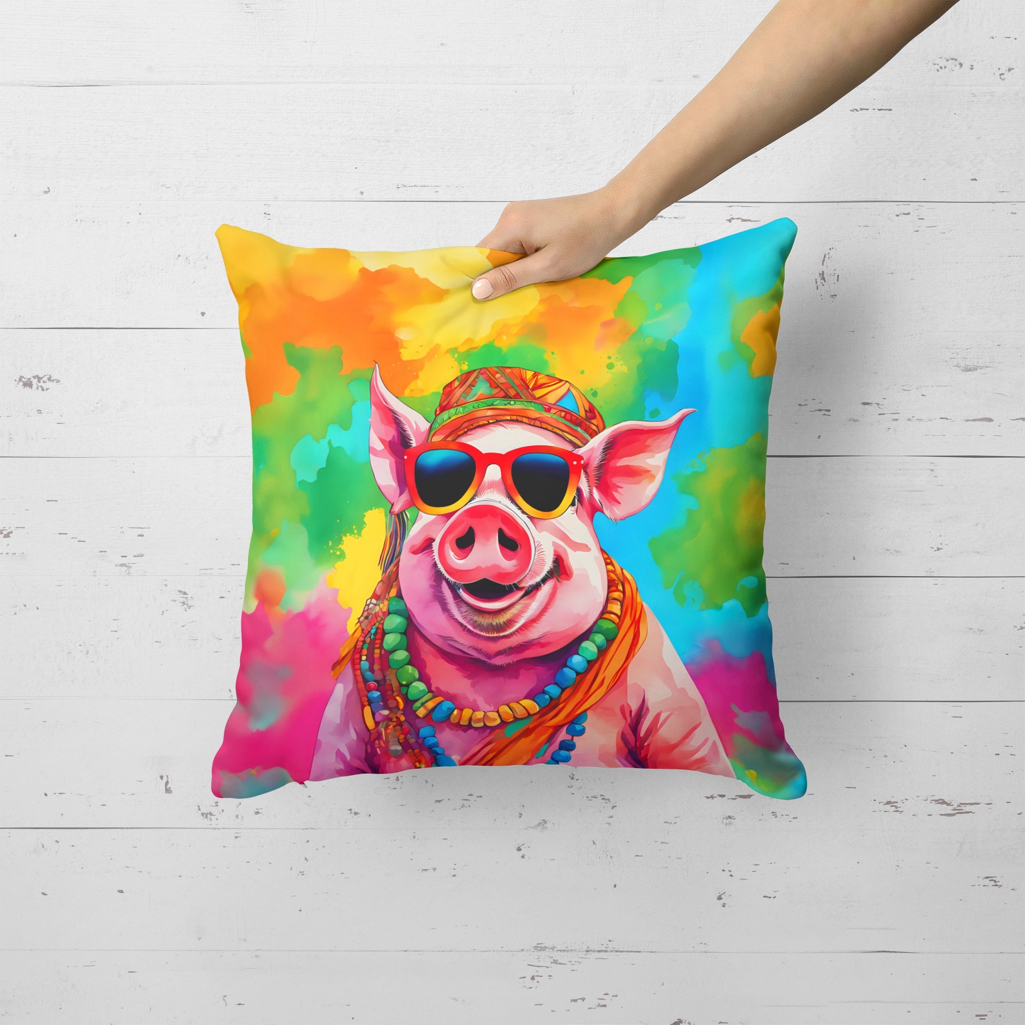 Hippie Animal Pig Decorative Throw Pillow 18x18 Indoor Outdoor Accent Cushion, Fabric Cover with Insert for Sofa, Bed, Porch & Living Room