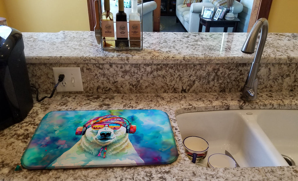 Hippie Animal Polar Bear Dish Drying Mat Absorbent Dish Drying Mat Pad for Kitchen Counter Dish Drainer Mat for Countertop, 14 x 21", Multicolor